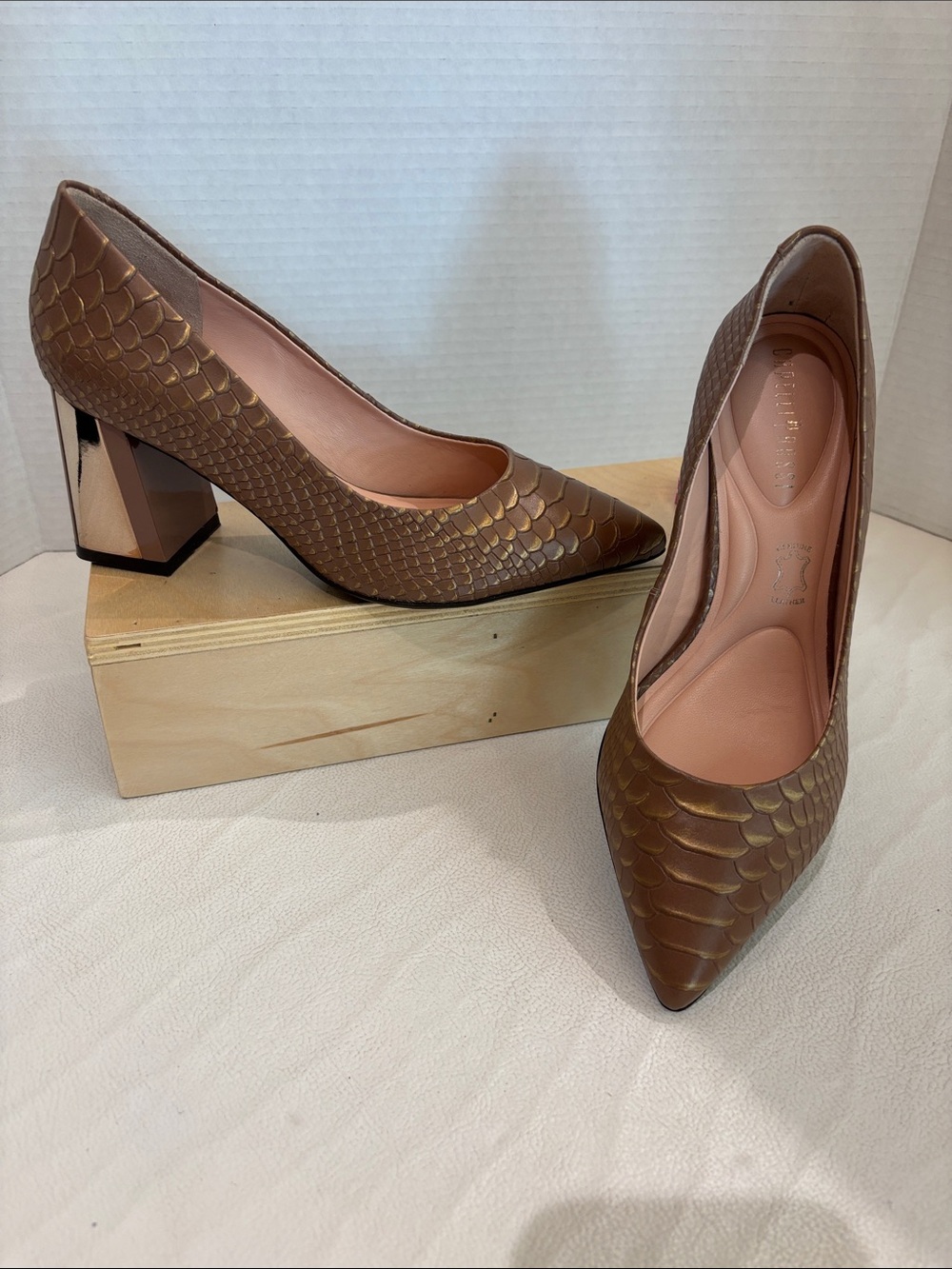 Capelli Rossi Salmon& Gold  Textured Pointed Toe Block Heel Pumps